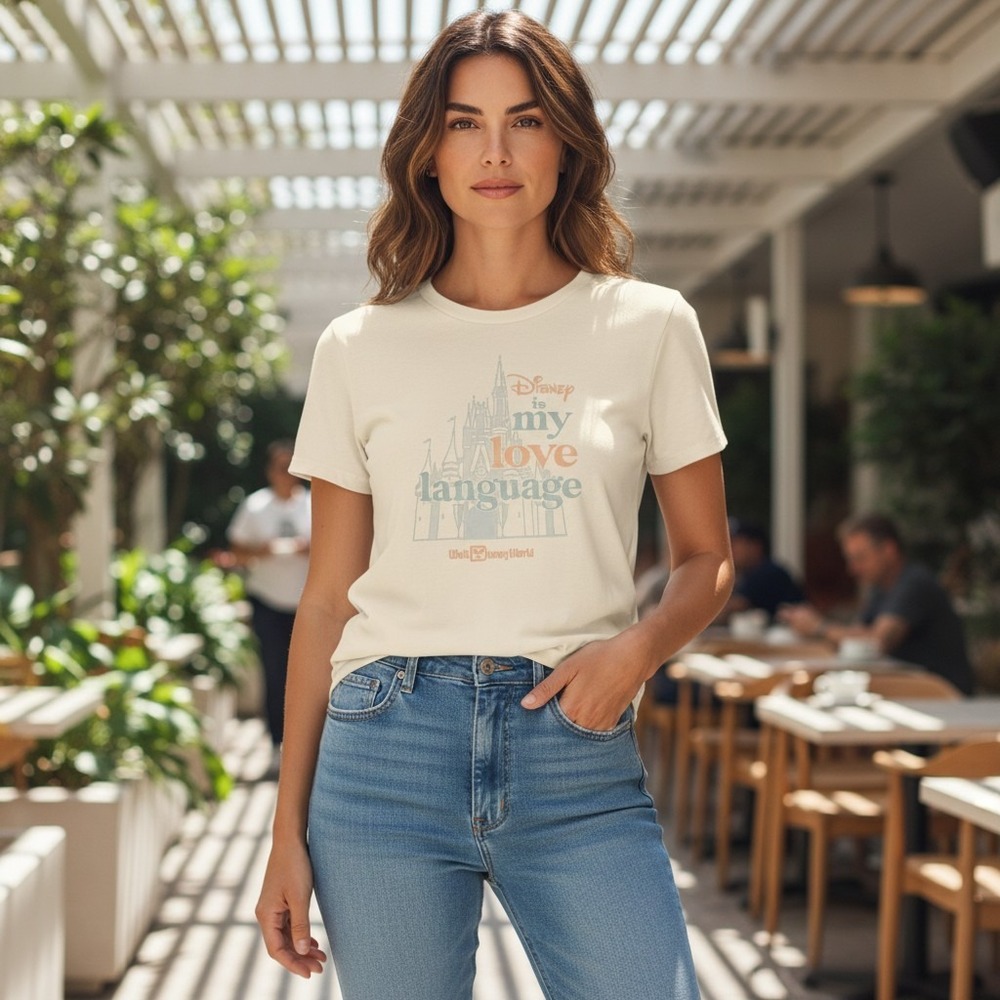 Disney Parks Graphic Tee Women Medium Cream Love Language Castle Disney World